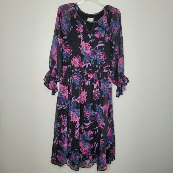 Destination 365 Women's Dress Chiffon Swiss Dot Purple Floral Midi Large - Picture 2 of 11